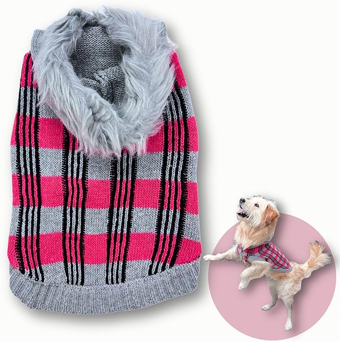 Cute Sweater for Dogs and Cats Soft Flannel Pet Outfit Warm and Cozy Animal Hoodie Small to Large Pet Clothes for Halloween Parties and Everyday Wear (Large, Pink Checkered with Hat)