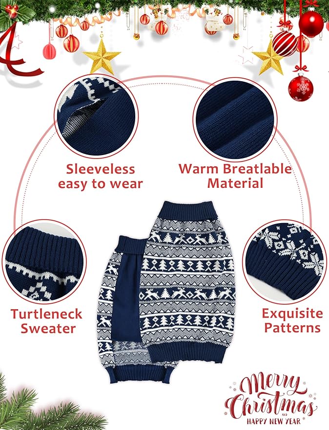 2PCS Dog Christmas Sweater, Soft Warm Pet Clothes Coat for Small Medium Large Dogs and Cats Boy Girl, Fall Cozy Holiday Turtleneck Knitting Collar Pullover Pup Outfit Costume for Thanksgiving New Year