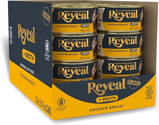 Reveal Natural Wet Canned Cat Food, Limited and Natural Ingredients, Grain Free, High Protein with No Artificial Additives, Chicken Breast in Broth (24 x 2.47 oz Cans)