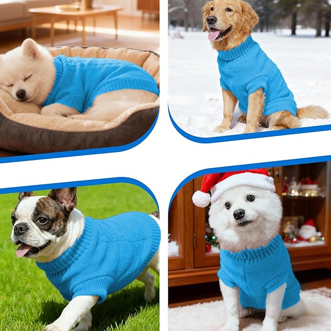 Knitted Dog Sweater for Small Dogs, Pullover Turtleneck Pet Sweaters, Winter Dog Clothes, Warm Soft Winter Holiday Cat Sweater, Blue, XS