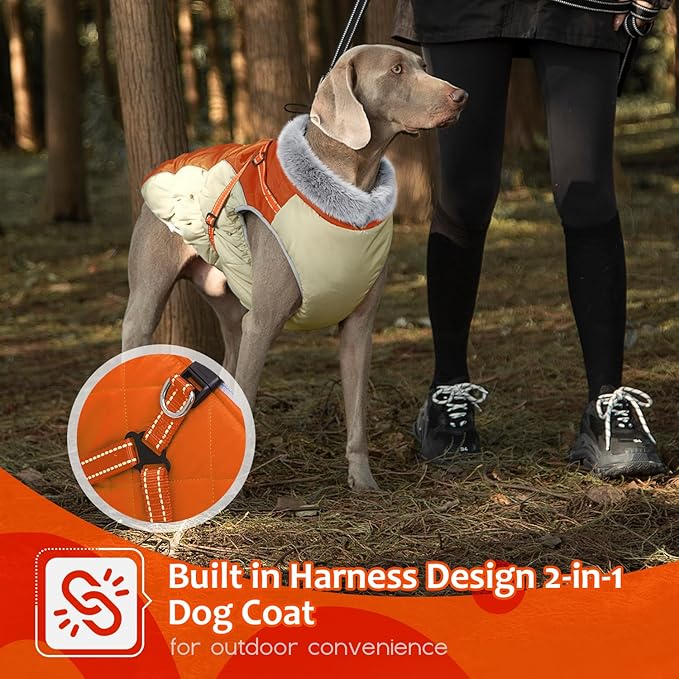 Dog Winter Coat with Harness, Dog Jacket, Pet Clothes with Zipper on Back, Waterproof Windproof Warm Vest, Reflective Cold Weather Coats, for Small Medium Large Dogs, Thick, Orange, 2XL