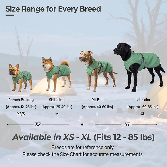 Water-Repellent Dog Winter Vest, Fleece Lined Warm Jacket for Hiking & Running, Adjustable Athletic Fit with Anti-Slip Leg Straps for Active Dogs (Green, Large)