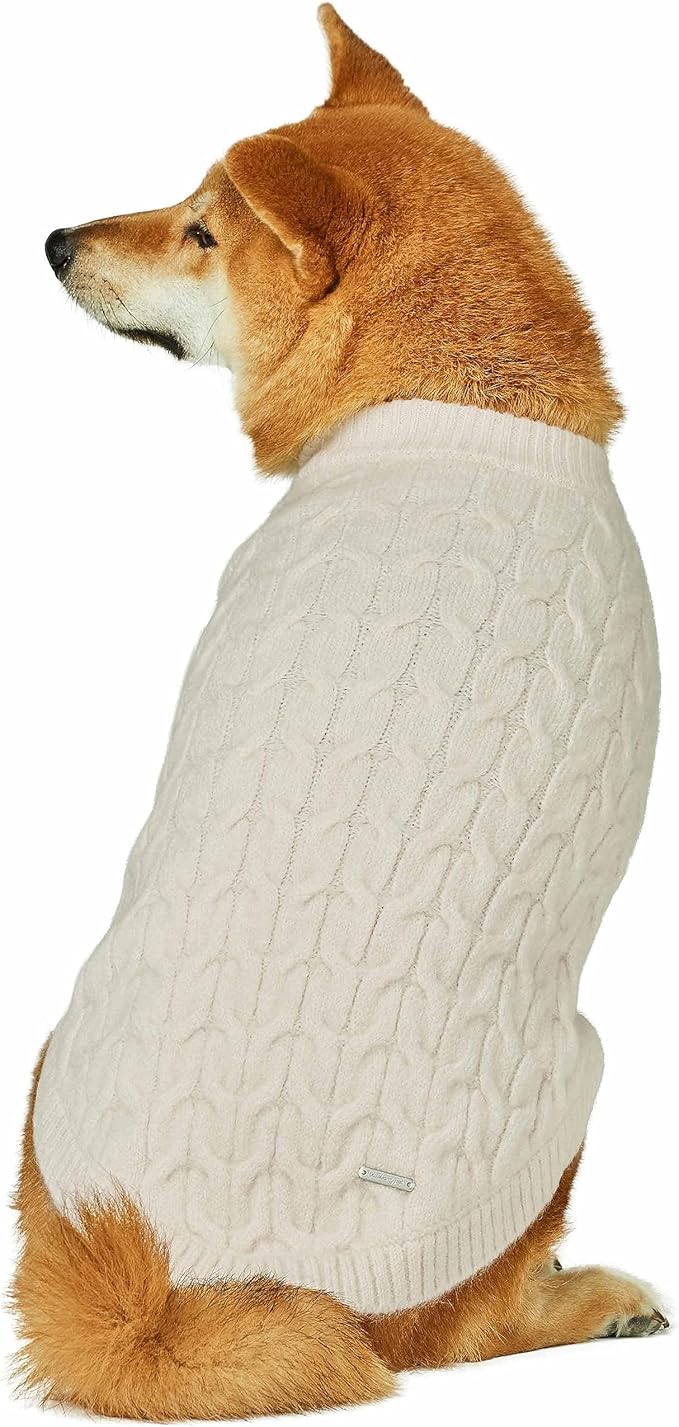 Blueberry Pet Classic Fuzzy Textured Knit Pullover Crew-Neck Dog Sweater in Ivory, Back Length 14", Pack of 1 Clothes for Dogs