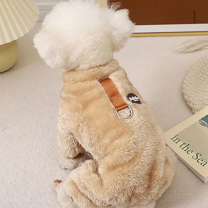 Fleece Small Dog Sweater Jumpsuit with Pull Ring | Stretchy 4-Leg Warm Onesie | Winter Clothes for Dogs and Cats (Khaki, Large)