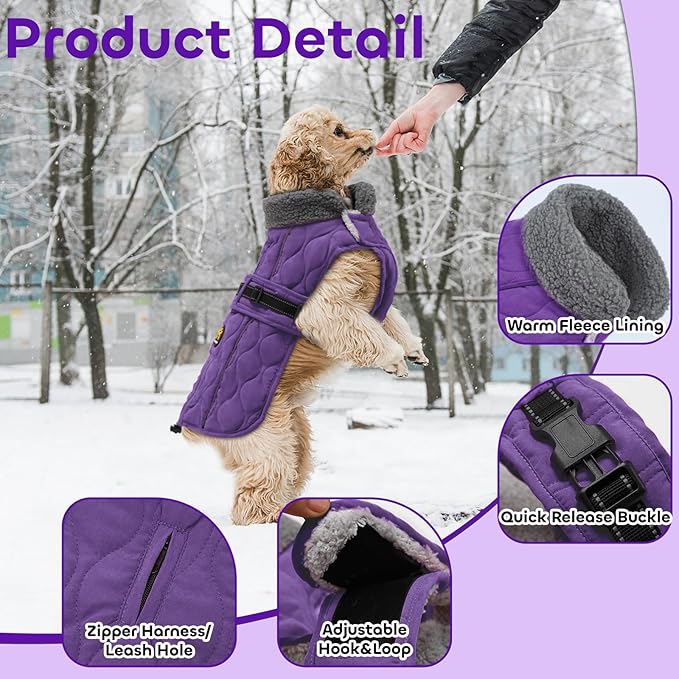 Dog Coat Winter, Waterproof Quilted Dog Jacket for Cold Weather, Reflective Adjustable Puppy Winter Coat, Warm Turtle-Neck Pet Fleece Snow Jacket for XX-Large Dogs, NewPurple XXL