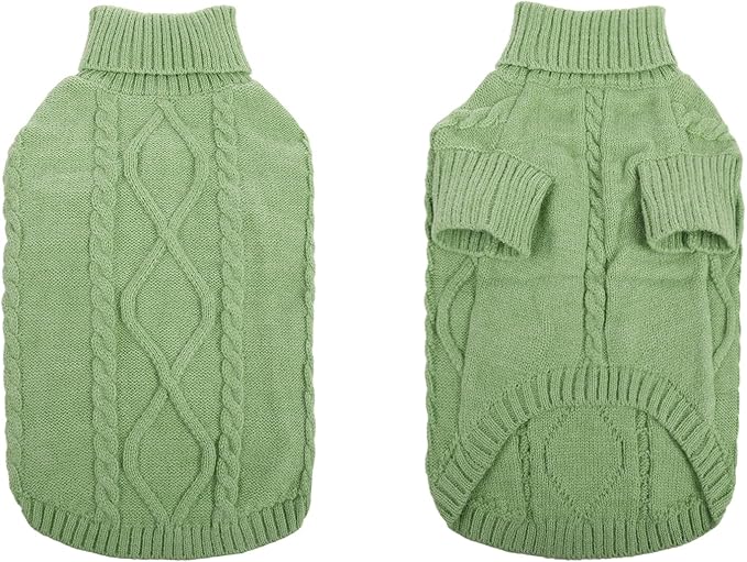 Queenmore Small Dog Pullover Sweater, Cold Weather Cable Knitwear, Classic Turtleneck Thick Warm Clothes for Chihuahua, Bulldog, Dachshund, Pug, Yorkie (Green, Small)