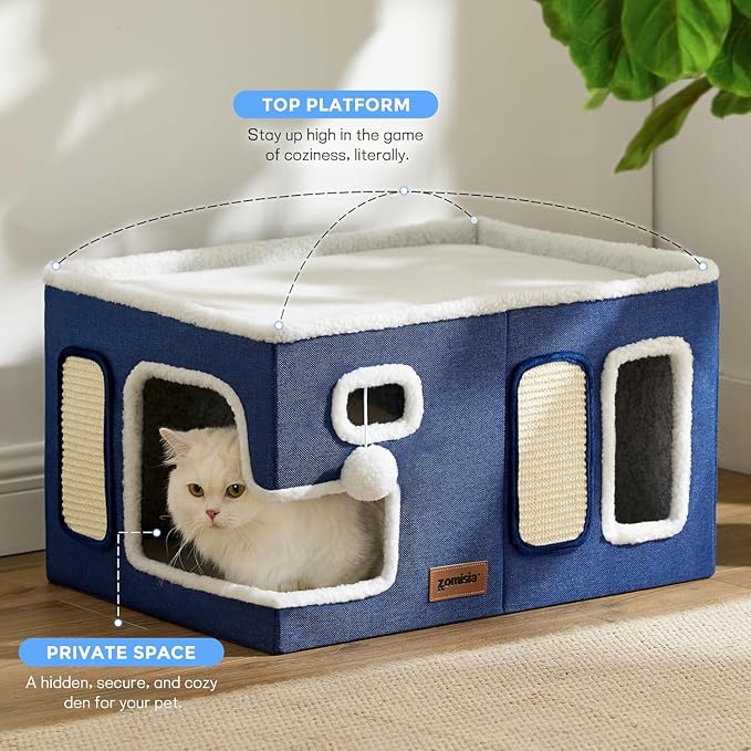 ZOMISIA Heated Cat House for Indoor Cats - Large Cat Warming Bed for Winter with Fluffy Ball Hanging and Adjustable Heating Pad, Foldable Cat Hideaway,23x16.5x13 inches, Grey