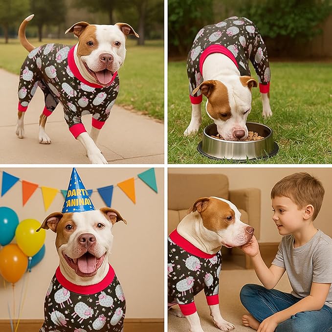 LovinPet 3XL Dog Pajamas - Anxiety Calming Dog Jumpsuit, Lightweight Onesie, Black Sheep Print, Large Dog Pjs, Long Sleeve Pullover for Dogs /3XL
