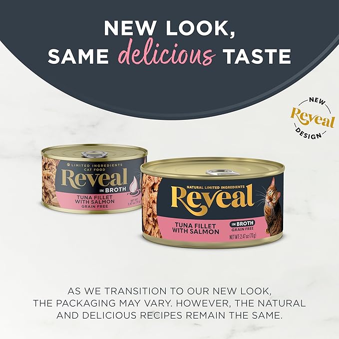 Reveal Natural Wet Canned Cat Food, Limited and Natural Ingredients, Grain Free, High Protein with No Artificial Additives, Tuna Fillet with Salmon in Broth (24 x 2.47 oz Cans)