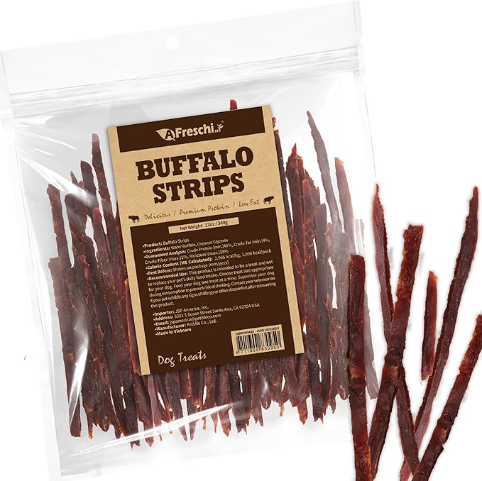 AFreschi Buffalo Dog Treats, All-Natural, Hypoallergenic, High Protein, Low Fat, Human Grade Puppy Chews – Healthy Grain-Free Training Treats, 12oz Jerky Strips