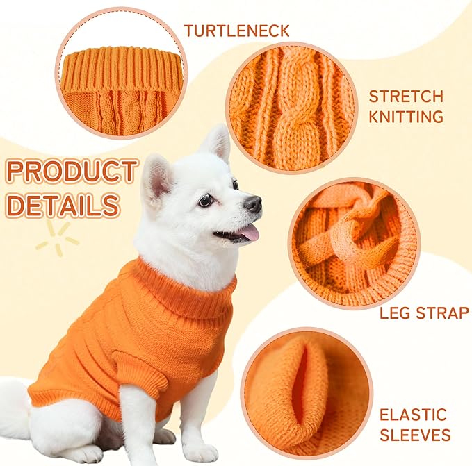 Knitted Dog Sweater for Small Dogs, Pullover Turtleneck Pet Sweaters, Winter Dog Clothes, Warm Soft Winter Holiday Cat Sweater, Orange, M