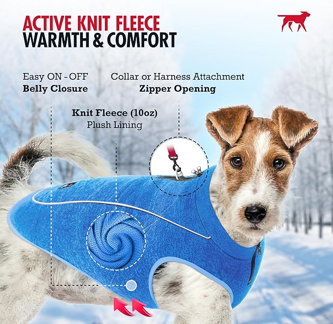 Insulated Fleece Sweater for Dogs | Lightweight Warm Dog Vest | Zipper Port for Harness | Cold Weather Winter Jacket | Rain Snow Repellant Coat | Adjustable for Small Medium Large Male Dogs (Blue/L)