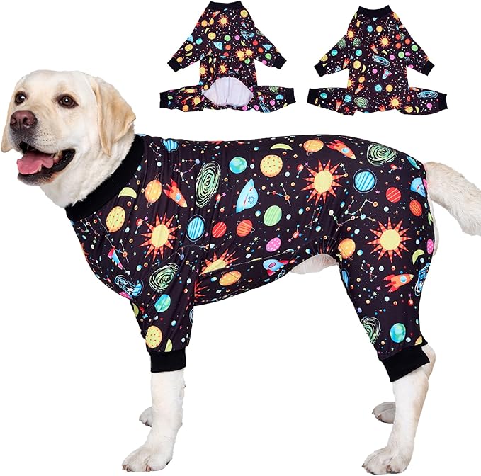 LovinPet Big Dogs Onesies: Big Dog Pajamas, Post Surgery/Wound Care, Lightweight Stretchy Fabric, Interstellar Black Print, Dog Jumpsuit, Anti Licking, Pet PJ's /3XL