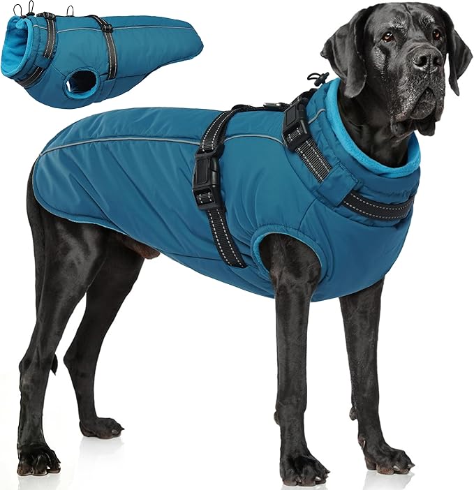 PUMYPOREITY Snow Jacket for Large Dogs Waterproof, Warm Dog Winter Coat with Harness Built in, Fleece Jacket with Back Zipper, Cold Weather Coats for Outdoor, Windproof Pet Snowsuit, Blue, 2XL