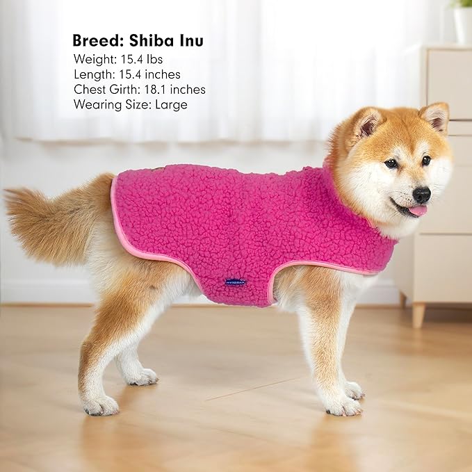 cyeollo Warm Dog Coat Sherpa Dog Winter Coat, Reversible Fleece Dogs Jackets Sweater Vest for Small Dogs Male with Leash Hole, Soft Cold Weather Pet Clothes, Fuchsia L