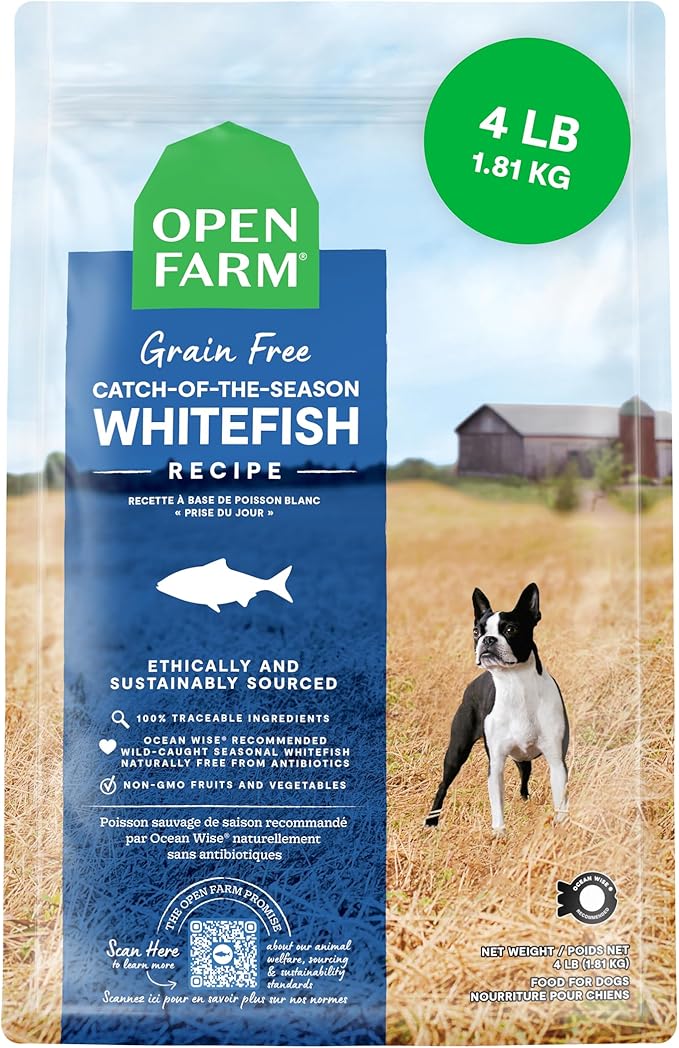 Open Farm, Grain-Free Dry Dog Food, Complete & Balanced Kibble, Sustainably & Ethically Sourced Ingredients, Non-GMO Veggies & Superfoods, Catch-of-The-Season Whitefish Recipe, 4lb Bag