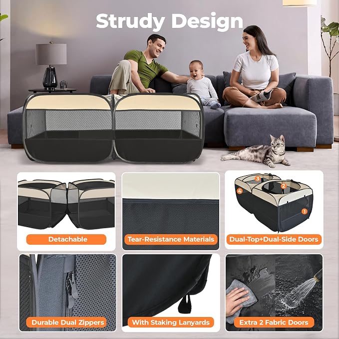 2-in-1 Pop Up Puppy Playpen, Detachable into 2 Separate Pens with Additional Doors, Assembly-Free Portable Cat Dog Crates Pet Pen Tent Kennel Kitten Enclosure Cage Indoor Outdoor Foldable Condo(L)