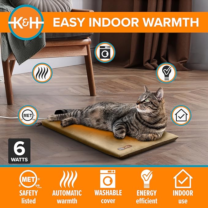 K&H Pet Products Heated Cat Bed Pad for Indoor Cats, Thermo-Kitty Mat Calming Warm Pet Heating Pad for Inside Pets, Machine Washable, Waterproof Heater, Safety Listed - 12.5 X 25in Mocha/Tan