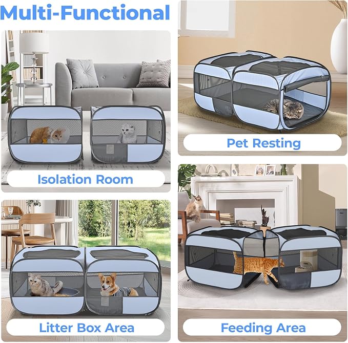 2-in-1 Pop Up Puppy Playpen, Detachable into 2 Separate Pens with Additional Doors, Assembly-Free Portable Cat Dog Crates Pet Pen Tent Kennel Kitten Enclosure Cage Indoor Outdoor Foldable Condo(L)