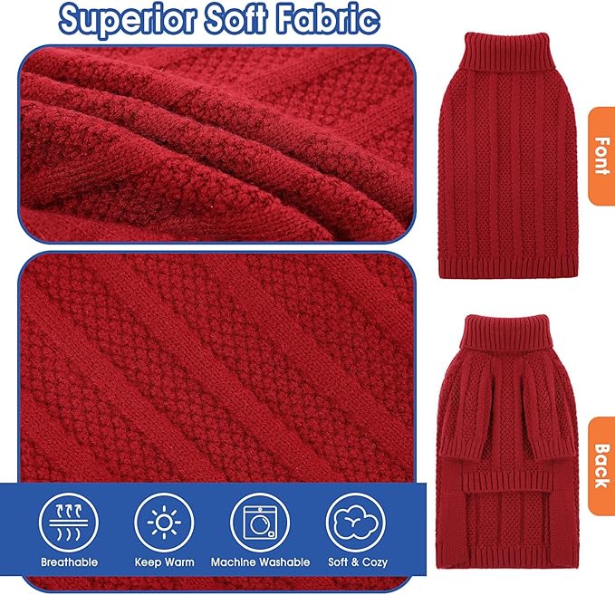 Queenmore Large Dog Sweater - Turtleneck Pullover for Large Dogs, Xmas & Thanksgiving - Knitted Dog Sweater for French Bulldog (Red, L)