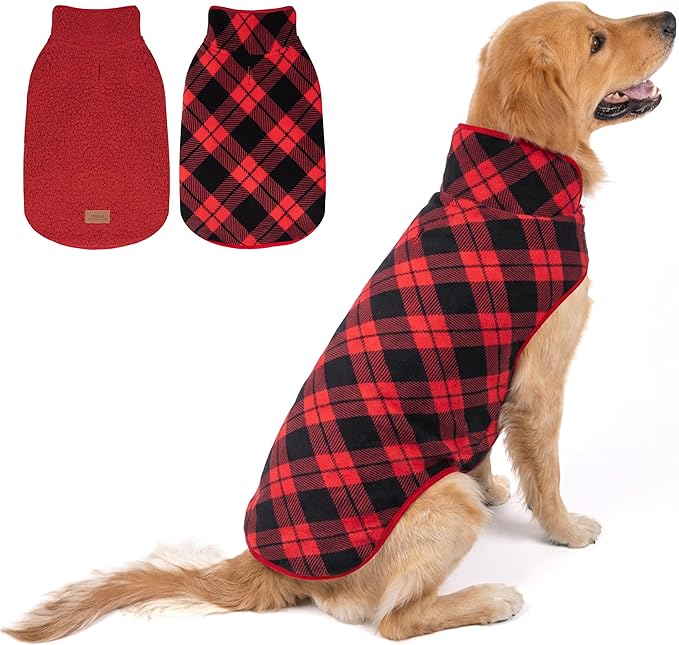 cyeollo 2XL Dog Coat, Sherpa Winter Dogs Sweater Warm Fleece Doggie Coats Turtleneck Reversible Jackets for Small Medium Large Dogs with Leash Hole, Soft Cold Weather Vest, Buffalo Plaid XXL