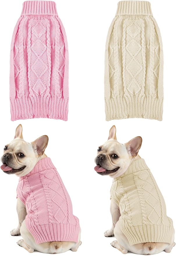 2PCS Dog Christmas Sweater, Soft Warm Pet Clothes Coat for Small Medium Large Dogs and Cats Boy Girl, Fall Cozy Holiday Turtleneck Knitting Collar Pullover Pup Outfit Costume for Thanksgiving New Year