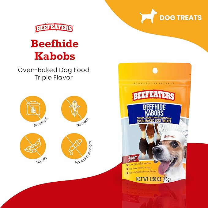 Beefeaters Beefhide Kabobs – Dog Treat. Triple Flavor with Real Chicken, Liver & Sweet Potato, Long-Lasting Chew, Supports Dental Health, Ideal for Training