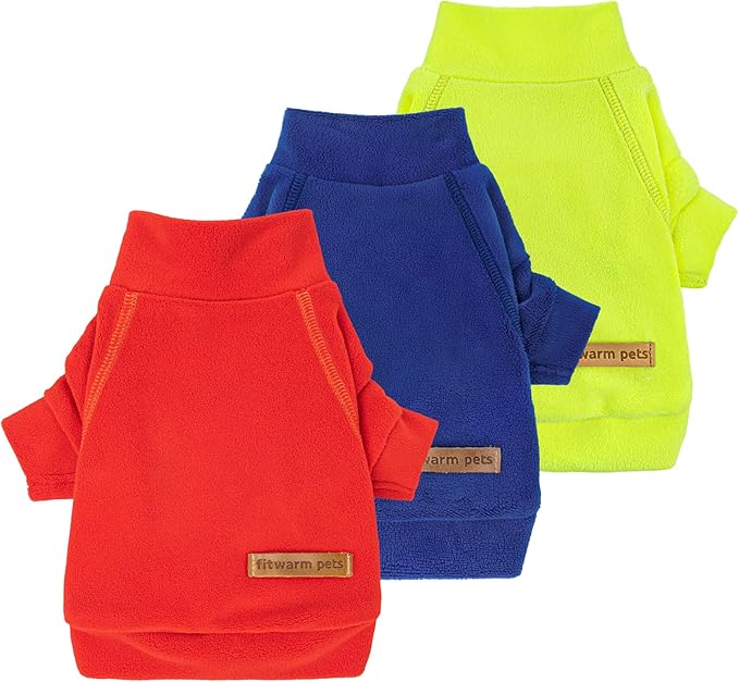 Fitwarm 3 Pack Classic Fleece Dog Sweater, Winter Clothes for Small Dogs Boy Girl, Turtleneck Dog Sweatshirt, Pet Apparel, Orange Red, Royal Blue, Neon Yellow, Large