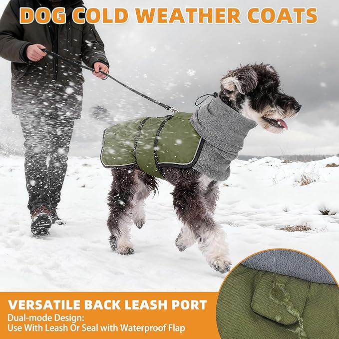 KOOLTAIL Dog Winter Coat for Small Medium Dogs, Waterproof&Windproof Puppy Jacket with Fleece Lining and High Collar for Cold Weather, Reflective Warm Pet Snowsuit Vest Clothes with Leash Hole,Green S