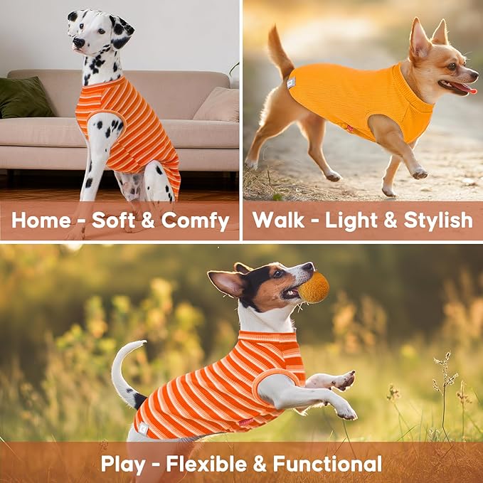 KYEESE 2Pack Waffle Dog Shirts for Small Dogs Stretchy T-Shirts Lightweight Tank Top Sleeveless Striped Shirt Vest Breathable Cat Shirt, Large, Orange+Striped