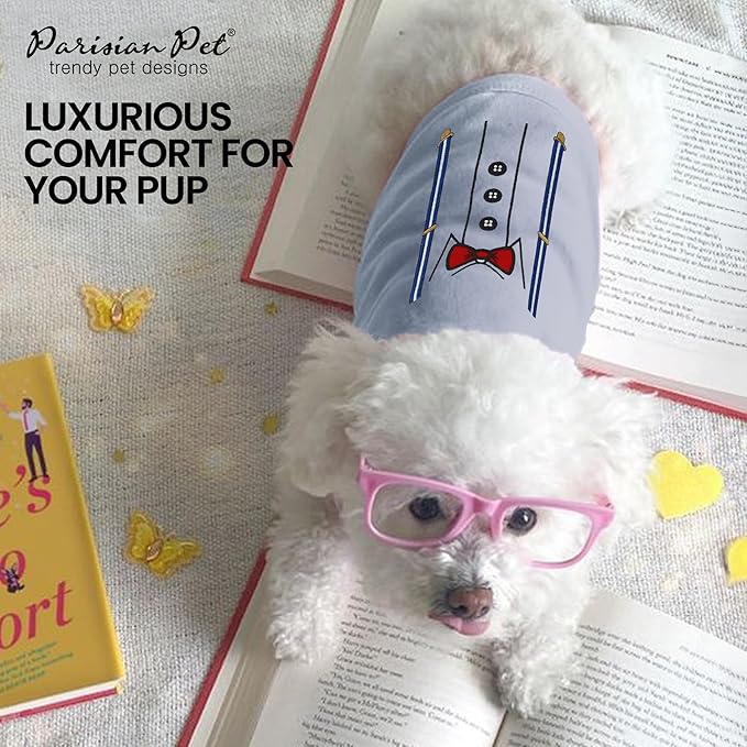 Parisian Pet Dog T-Shirt - Suspender Tuxedo Dog Shirt - Breathable and Lightweight Boy Pet Clothes - Sleeveless Pet Tee Shirts - Machine Washable Shirts for Small Pets - S