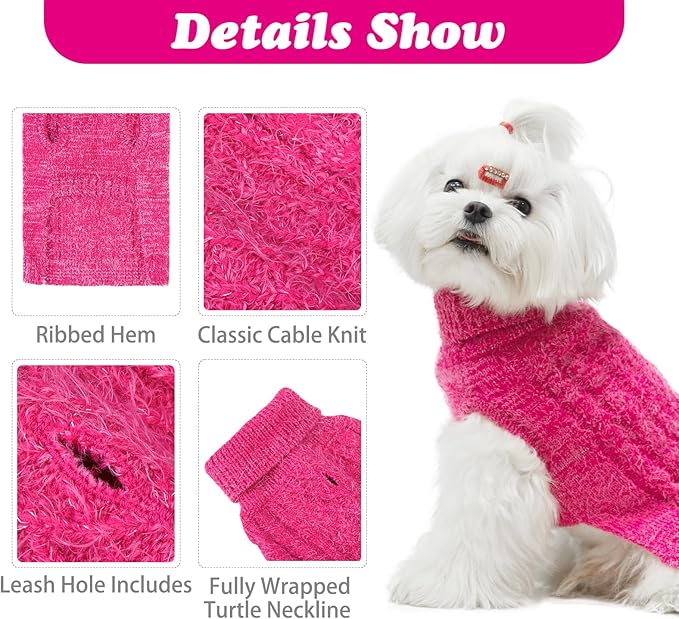 Turtleneck Small Dog Sweaters - Classic Cable Knitwear Winter Coat for Small Medium Dogs Male Female Puppy Dog Cold Weather Clothes Girls Boys, Hot Pink, S