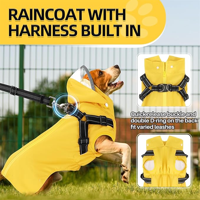 SlowTon Dog Raincoat Waterproof - Dog Rain Jacket with Harness and Hood Lightweight, Reflective Dogs Rain Coat for Large Medium Small Dogs Girl Boy Puppy Poncho Pet Clothes (Yellow, 2XL)