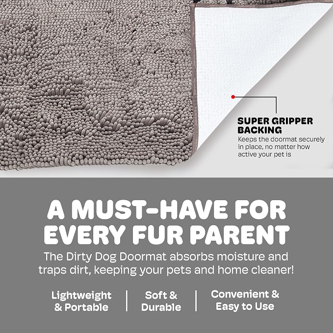 Dog Gone Smart Dirty Dog Doormat - Super Absorbent Polyamide Rug Pulls in Moisture & Dirt - Fast Drying for Clean Floors, Non-Slip, Machine Washable Mat for Muddy Paws - Grey, 31 x 20 Inches