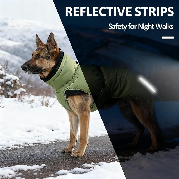 Ultra-Warm Dog Winter Coat for Hiking & Running, Adjustable Puffer Jacket with Anti-Slip Leg Straps, Water-Repellent Shell & Breathable Mesh Lining for Active Dogs (Green, Large)