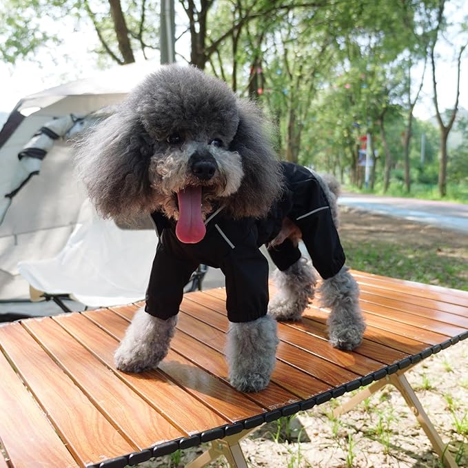 LOVELONGLONG Waterproof Dog Raincoat with Removable Hood – Outdoor Full Body Dog Jacket, Windproof Snowproof Shell Suit – All Season Pet Rain Gear Black S+