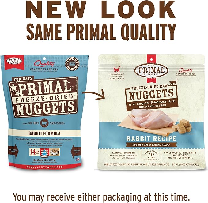 Primal Freeze Dried Raw Cat Food Nuggets Rabbit, Complete & Balanced Meal or Topper, Premium, Healthy, Grain Free, High Protein Raw Cat Food with Probiotics (5.5 oz)