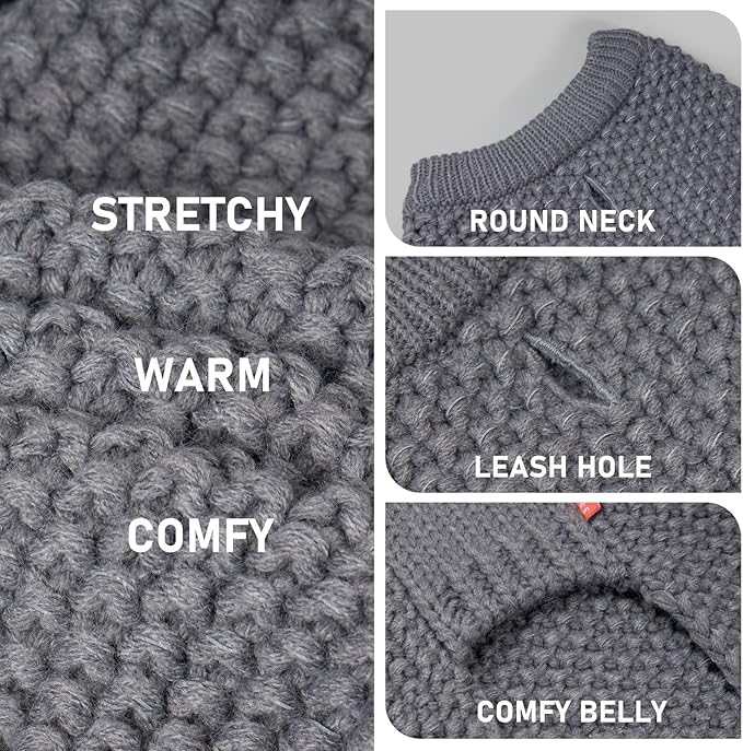 KYEESE Dog Sweater for Large Dogs with Leash Hole Warm Pullover with Reflective Yarn Male Thick Stretchy Knitwear Winter Soft Pet Coat boy for Cold Weather Comfy Dog Sweaters,Grey, XX-Large