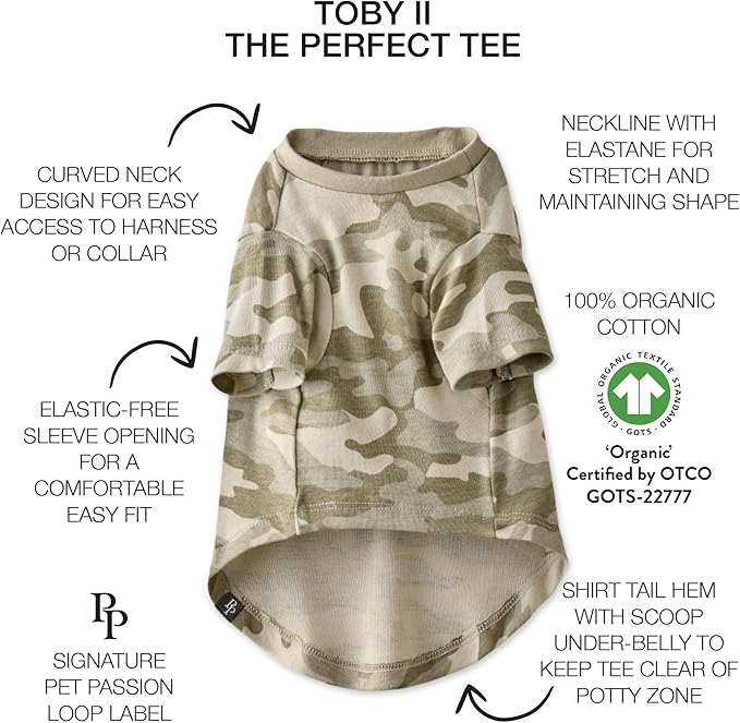Toby II - The Perfect Tee, 3 Pack Short Sleeve Pet T-Shirt 100% Organic Cotton Tees Clothes for Small, Medium, Large Dogs, Sage Camo, Large (40-60 lbs)