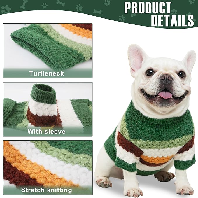 Dog Sweater, Classic Turtleneck Knitted Striped Dog Sweaters, Warm Sweater for Winter, Soft Christmas Sweaters for Boy Girl, Dogs Clothes for Small/Medium Cats, Doggys (Green, Small)