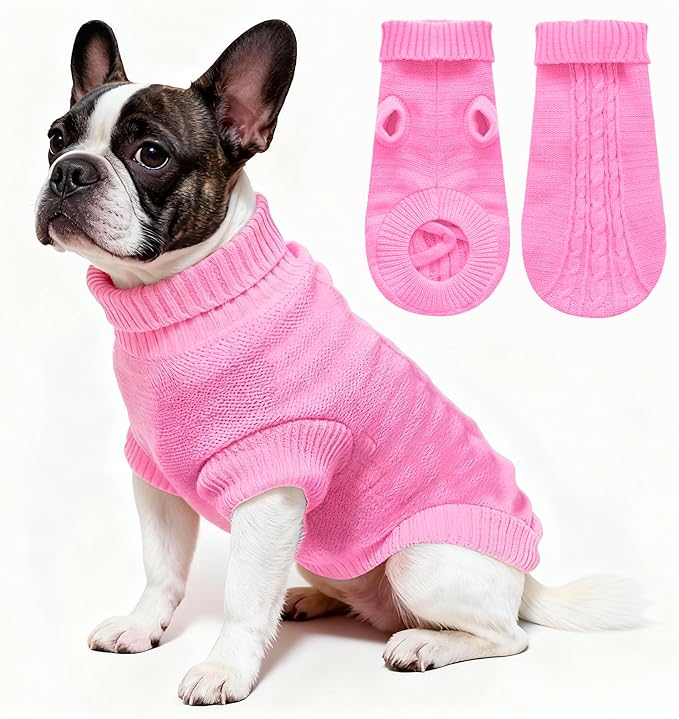 Knitted Dog Sweater for Small Dogs, Pullover Turtleneck Pet Sweaters, Winter Dog Clothes, Warm Soft Winter Holiday Cat Sweater, Pink, XS