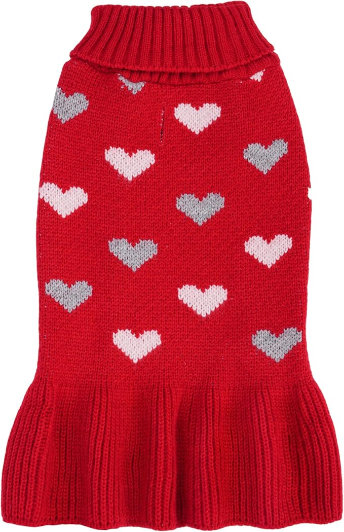 Dog Sweater Dress Heart Red Turtleneck Knit Dress for Small Dogs 9-15 lbs Valentine Winter Pullover with Leash Hole for Wedding Mothers Day Valentine's Day