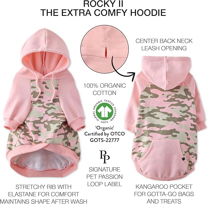 Rocky II - The Extra Comfy Hoodie, Organic Cotton and Recycled Poly Dog Hoodie Pet Coat Sweater for Small, Medium, Large Dogs, Pink Half Camo, X-Large