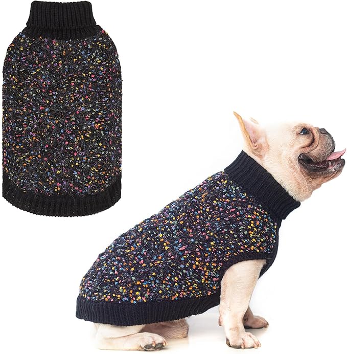 BEAUTYZOO Cable Knit Small Dog Sweater, Color Block with Fuzzy Thread Knitted Turtleneck Dog Knitwear with Dots in a Variety of Colors for Small Medium Dogs Fall Winter Dog Clothes, M Black