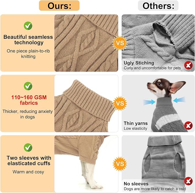 BEAUTYZOO Small Dog Sweater Female Male, Fleece Dog Winter Sweater for Medium Girl Boy Dogs, Pink Warm Cute Puppy Pullover Sweater, Thick Turtleneck Pet Cold Weather Clothes Cable Knitwear, Khaki SM