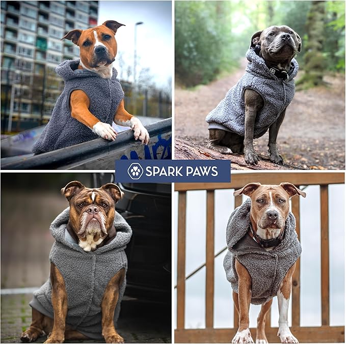 Spark Paws Fleece Dog Jacket, Hooded Sweater Vest, Warm Coat for Winter - Suitable for Small Medium Large XL XXL Breeds - Grey - XL