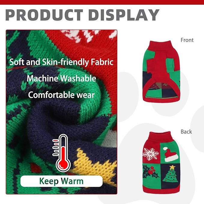 KOOLTAIL Christmas Dog Sweater - Thick Warm Winter Clothes, Knitted Turtleneck Pullover, Red Green Color Doggie Sweatshirt for Boys Girls S-XL