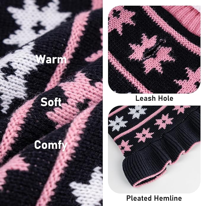 KYEESE Dog Sweater Fall Winter Dog Clothes Warm Pet Coats Pullover for Girl Pet Sweater Dress with Leash Hole Turtleneck with Classic Snowflake Pattern for Small Dogs, Girl Navyblue, Small