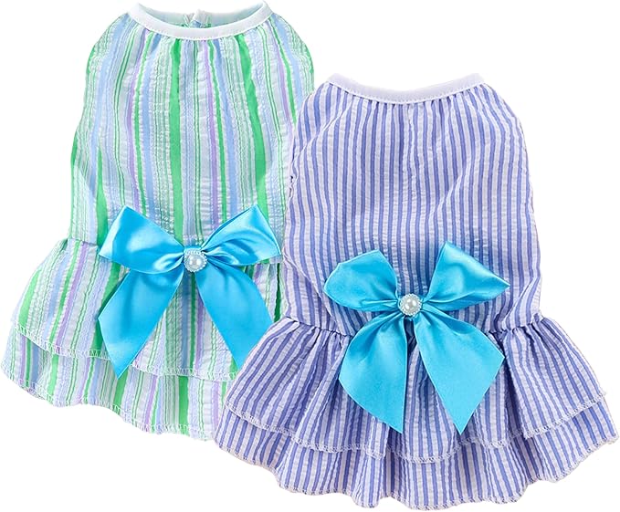 Dog Dress, Cute Pet Princess Dresses with Bright Color Design, Sweet Bowknot, Dog Clothes for Small Dogs Girl, Breathable & Lightweight, for Spring Summer, 2 Pack (Green Blue, Medium)