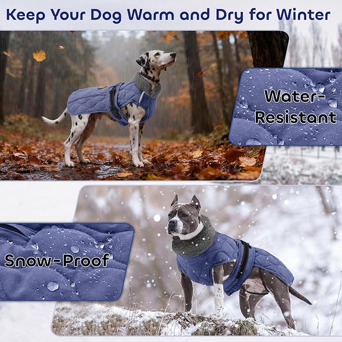 Dog Winter Coat, Adjustable Quilted Dog Snow Jacket with Fleece Lining, Water Resistant Pet Apparel for Cold Weather, Warm Large Doggie Coat with Leash Hole and Reflective Strip, NewBlue L